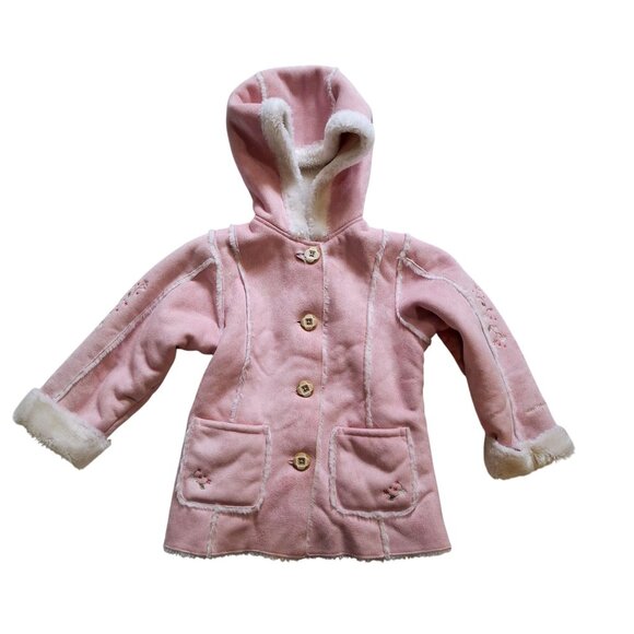 Oshkosh Barbie Pink Hooded Girls Jacket Faux Suede Details & Faux Fur Lining Siz
